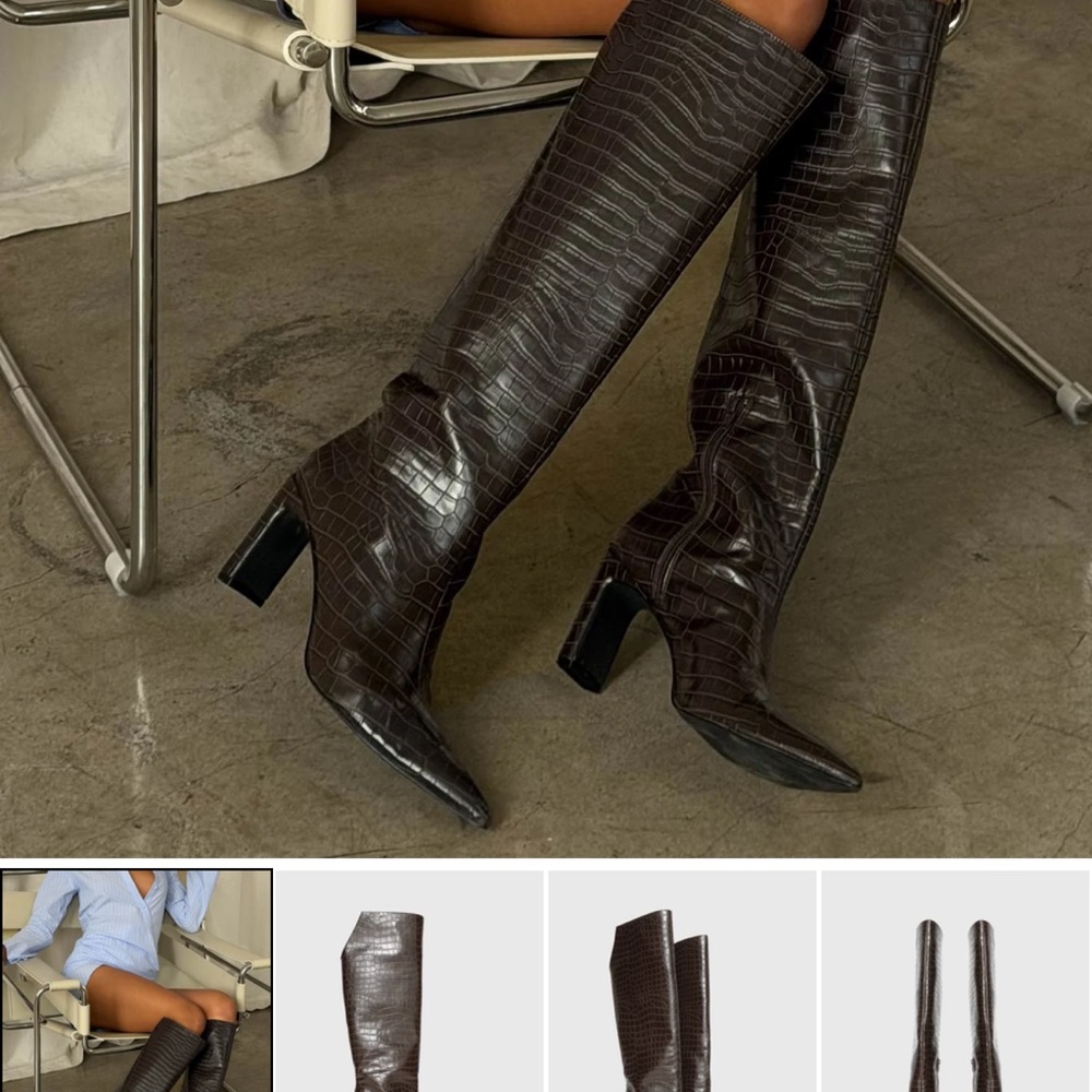 Princess Polly Dark Brown Croc-Embossed Knee-High Heeled Boots